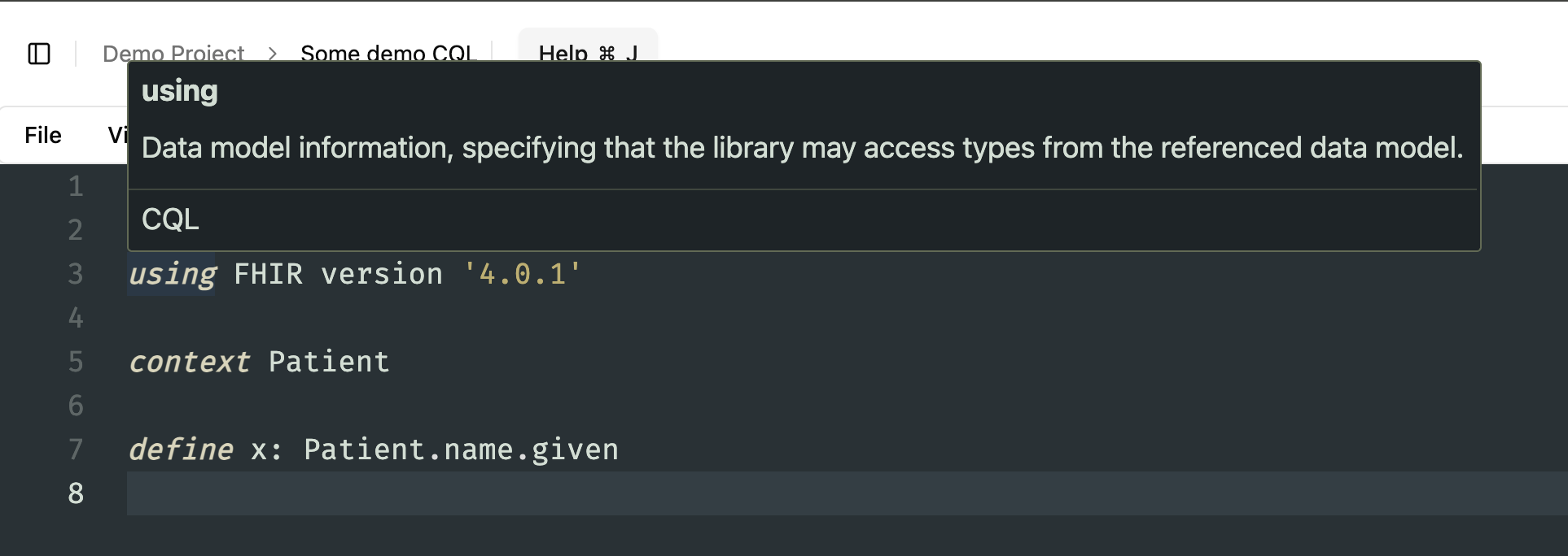 Hover over a keyword to see the documentation
